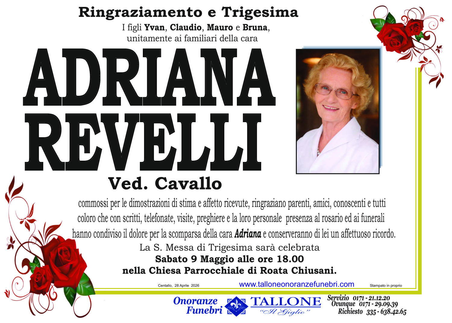 <br />
<b>Warning</b>:  Undefined variable $info in <b>/home/tallone/public_html/ringraziamenti.php</b> on line <b>68</b><br />
Adriana Revelli
